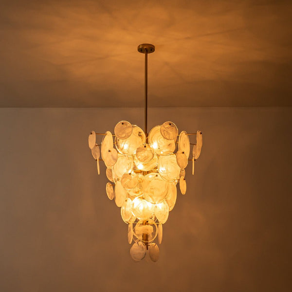 Chandelierias - Modern 12 - Light White Strie Glass Cone - Shape Tiered Chandelier - Chandeliers - Brass -