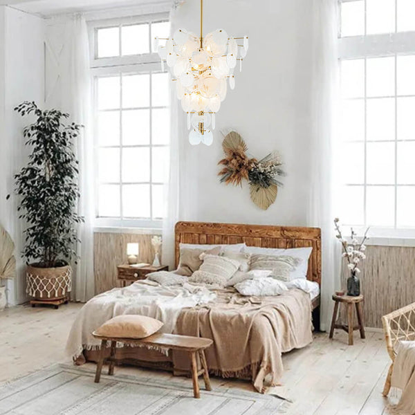 Chandelierias - Modern 12 - Light White Strie Glass Cone - Shape Tiered Chandelier - Chandeliers - Brass -