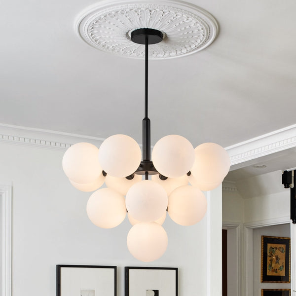 Chandelierias - Modern 13 - Light Opal Glass Bubble Grape Chandelier - Chandelier - Black - 13 Bulbs