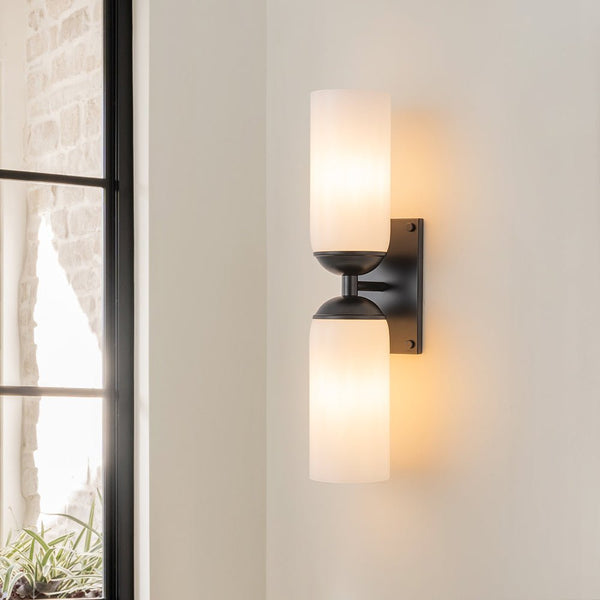 Chandelierias - Modern 2 - Light Cylinder Opal White Glass Wall Sconce - Chandeliers - Matte Black -
