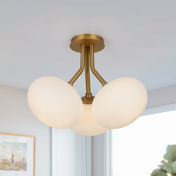 Chandelierias - Modern 3 - Light Semi - Flush Mount with Frosted Glass Globes - Semi Flush - Brass - 3 Bulbs