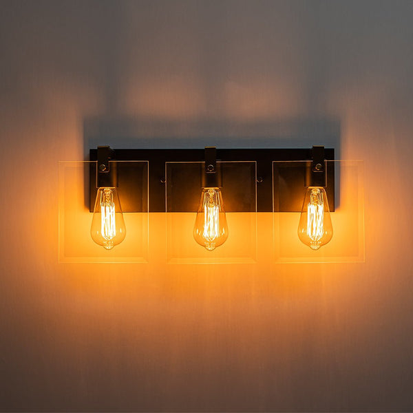 Chandelierias - Modern 3 - Light Square Clear Glass Vanity Light - Wall Light - Brass & Black -