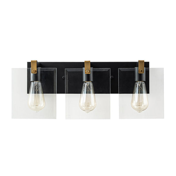 Chandelierias - Modern 3 - Light Square Clear Glass Vanity Light - Wall Light - Brass & Black -