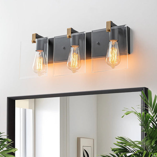 Chandelierias - Modern 3 - Light Square Clear Glass Vanity Light - Wall Light - Brass & Black -