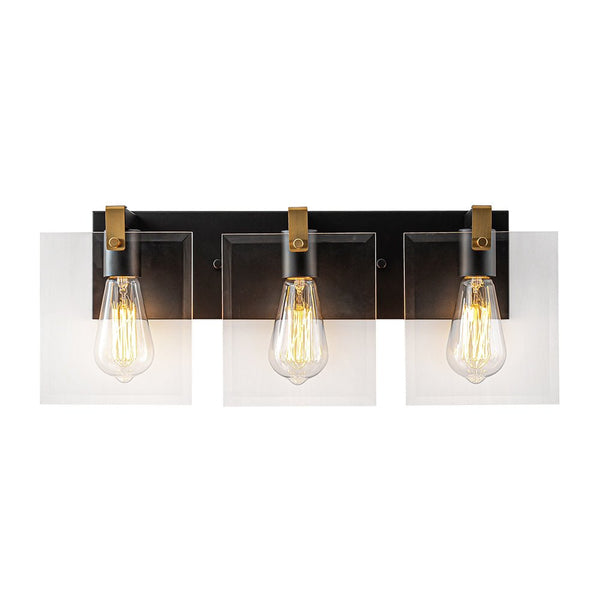 Chandelierias - Modern 3 - Light Square Clear Glass Vanity Light - Wall Light - Brass & Black -