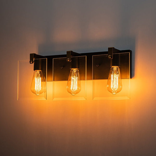 Chandelierias - Modern 3 - Light Square Clear Glass Vanity Light - Wall Light - Brass & Black -