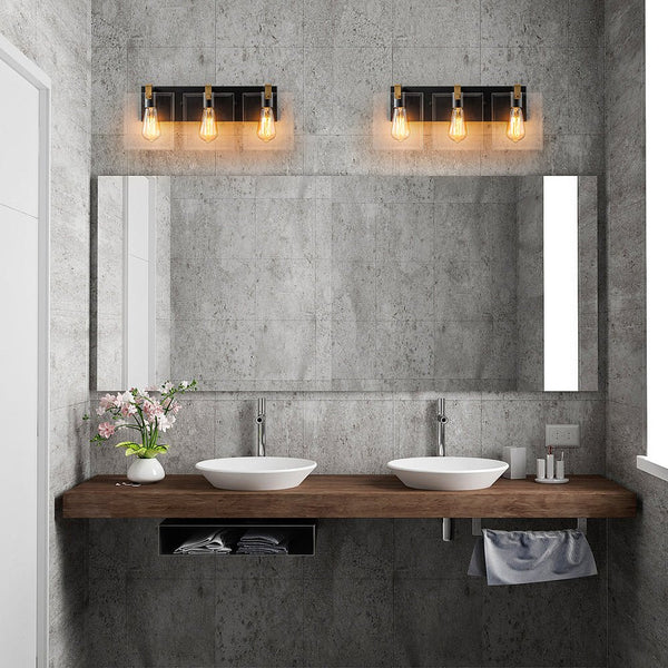 Chandelierias - Modern 3 - Light Square Clear Glass Vanity Light - Wall Light - Brass & Black -