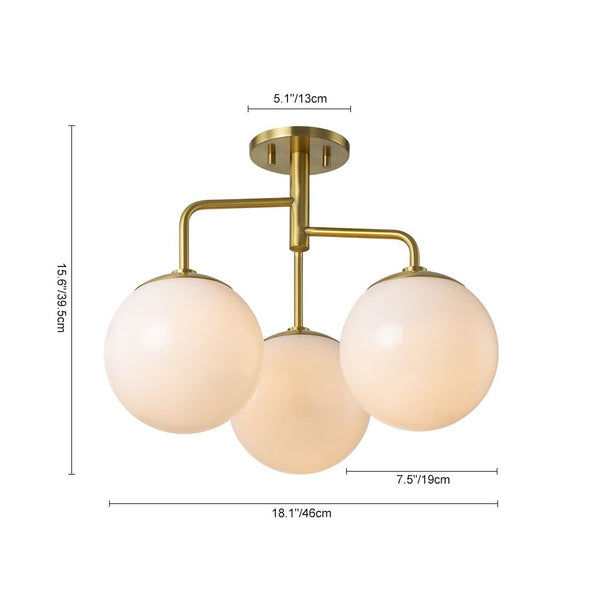 Chandelierias - Modern 3 - Light Staggered Arm Opal Glass Semi - Flush Mount - Semi Flush - Brass -