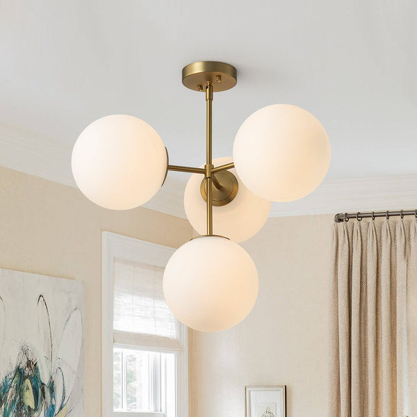 Chandelierias - Modern 4 - Light Matte Glass Globe Semi - Flush Mount Layered Chandelier - Chandelier - Brass -