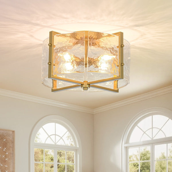 Chandelierias-Modern 4-Light Rippled Glass Drum Semi-Flush Mount-Semi Flush-Gold-