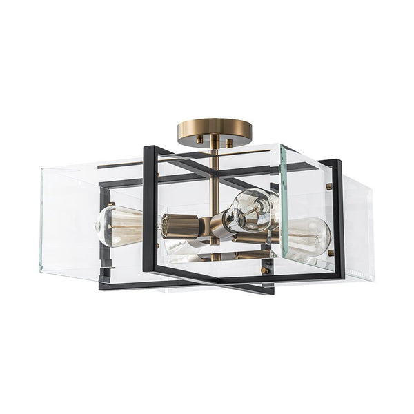 Chandelierias - Modern 4 - Light Square Cage Clear Beveled Glass Semi - Flush Mount - Semi Flush - Black & Brass -