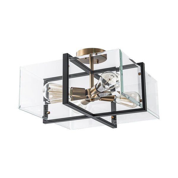 Chandelierias - Modern 4 - Light Square Cage Clear Beveled Glass Semi - Flush Mount - Semi Flush - Black & Brass -