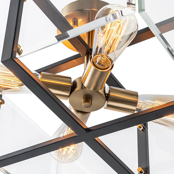 Chandelierias - Modern 4 - Light Square Cage Clear Beveled Glass Semi - Flush Mount - Semi Flush - Black & Brass -