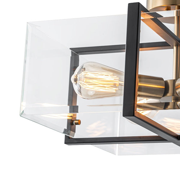 Chandelierias - Modern 4 - Light Square Cage Clear Beveled Glass Semi - Flush Mount - Semi Flush - Black & Brass -