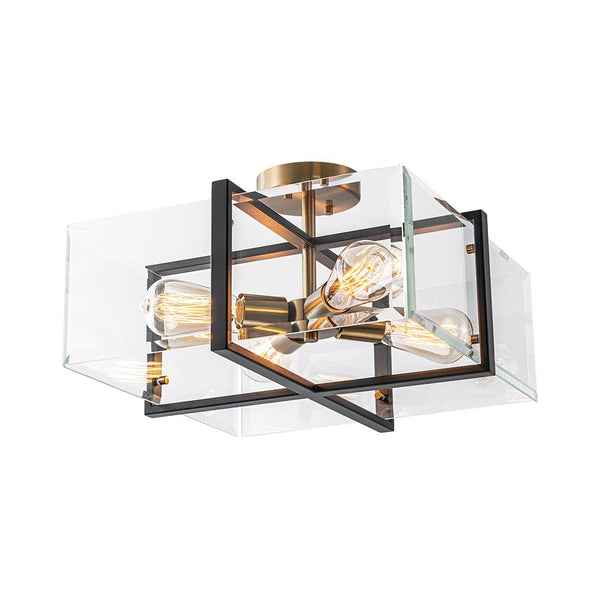 Chandelierias - Modern 4 - Light Square Cage Clear Beveled Glass Semi - Flush Mount - Semi Flush - Black & Brass -
