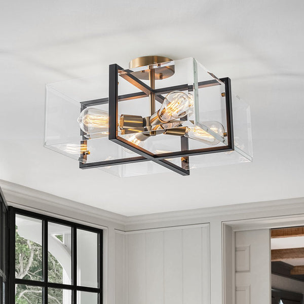 Chandelierias - Modern 4 - Light Square Cage Clear Beveled Glass Semi - Flush Mount - Semi Flush - Black & Brass -