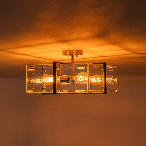 Chandelierias - Modern 4 - Light Square Cage Clear Beveled Glass Semi - Flush Mount - Semi Flush - Black & Brass -