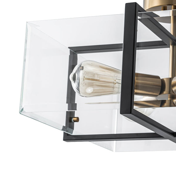 Chandelierias - Modern 4 - Light Square Cage Clear Beveled Glass Semi - Flush Mount - Semi Flush - Black & Brass -