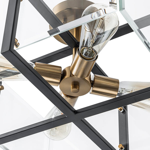 Chandelierias - Modern 4 - Light Square Cage Clear Beveled Glass Semi - Flush Mount - Semi Flush - Black & Brass -