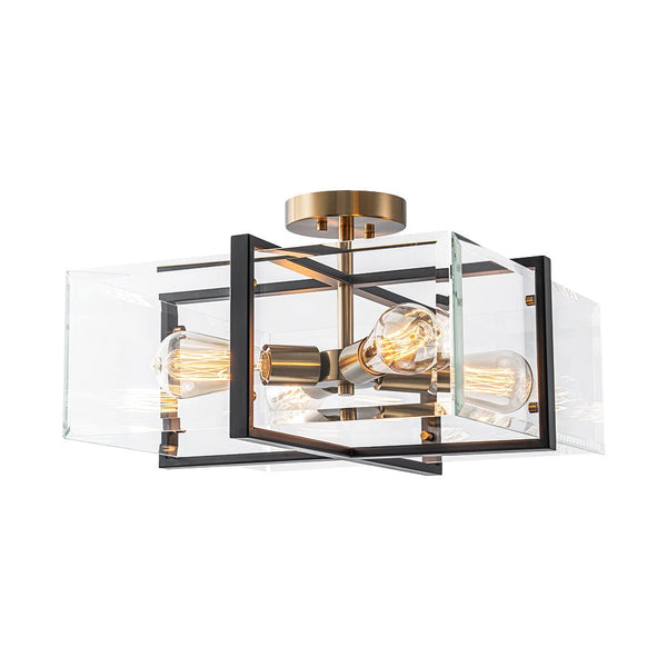 Chandelierias - Modern 4 - Light Square Cage Clear Beveled Glass Semi - Flush Mount - Semi Flush - Black & Brass -