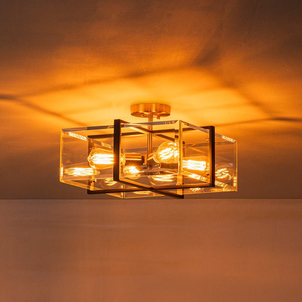 Chandelierias - Modern 4 - Light Square Cage Clear Beveled Glass Semi - Flush Mount - Semi Flush - Black & Brass -