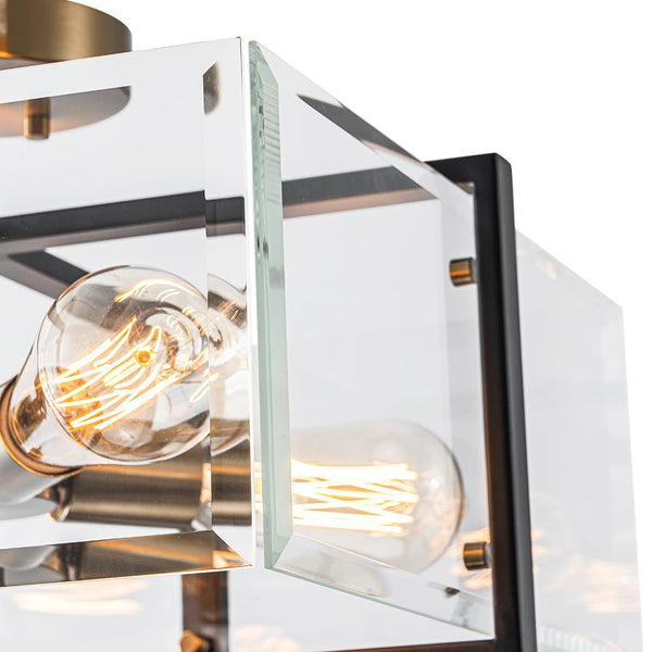 Chandelierias - Modern 4 - Light Square Cage Clear Beveled Glass Semi - Flush Mount - Semi Flush - Black & Brass -