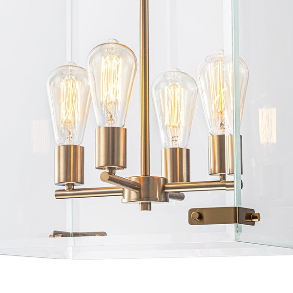 Chandelierias - Modern 4 - Light Square Cage Clear Glass Chandelier - Pendant - Black & Brass -