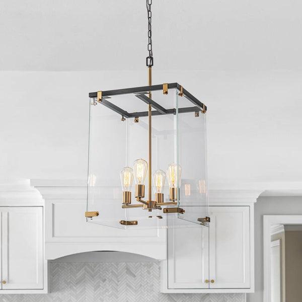 Chandelierias - Modern 4 - Light Square Cage Clear Glass Chandelier - Pendant - Black & Brass -