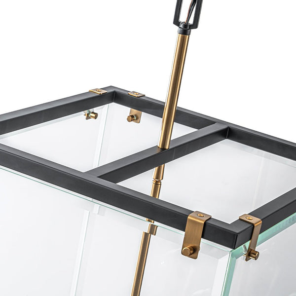 Chandelierias - Modern 4 - Light Square Cage Clear Glass Chandelier - Pendant - Black & Brass -