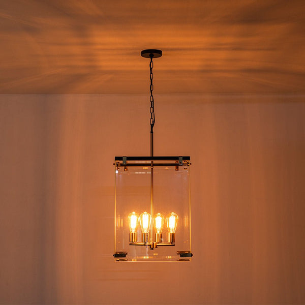 Chandelierias - Modern 4 - Light Square Cage Clear Glass Chandelier - Pendant - Black & Brass -