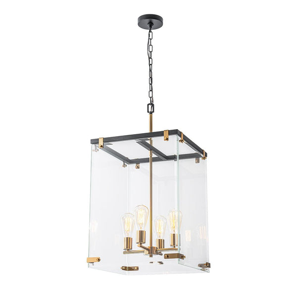 Chandelierias - Modern 4 - Light Square Cage Clear Glass Chandelier - Pendant - Black & Brass -