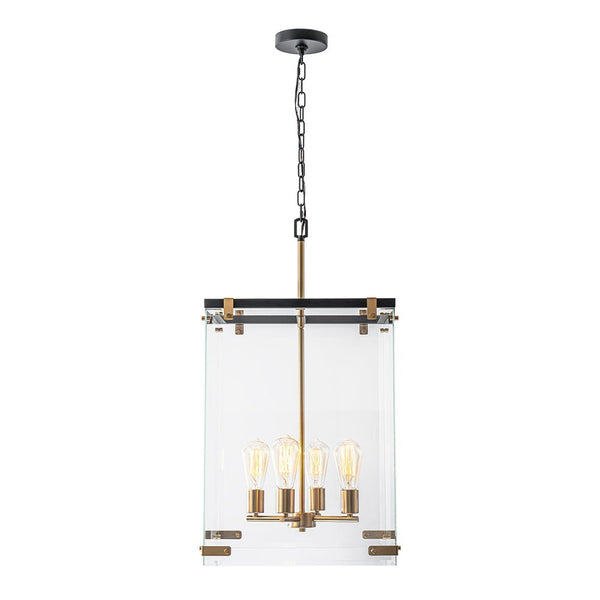 Chandelierias - Modern 4 - Light Square Cage Clear Glass Chandelier - Pendant - Black & Brass -