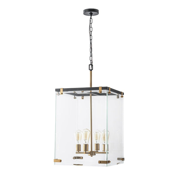 Chandelierias - Modern 4 - Light Square Cage Clear Glass Chandelier - Pendant - Black & Brass -