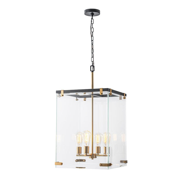 Chandelierias - Modern 4 - Light Square Cage Clear Glass Chandelier - Pendant - Black & Brass -