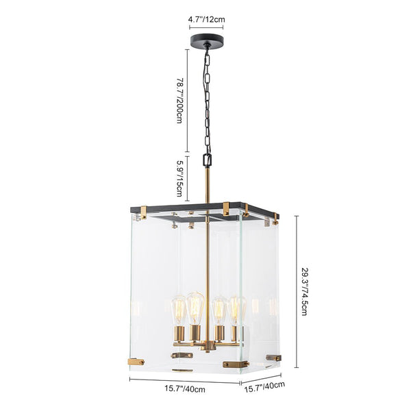 Chandelierias - Modern 4 - Light Square Cage Clear Glass Chandelier - Pendant - Black & Brass -
