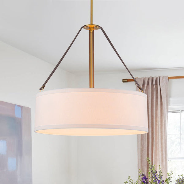 Chandelierias - Modern 4 - Light White Linen Shade Drum Pendant - Pendant - Brushed Brass -