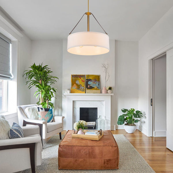 Chandelierias - Modern 4 - Light White Linen Shade Drum Pendant - Pendant - Brushed Brass -