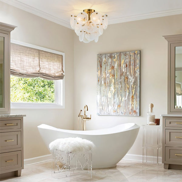 Chandelierias - Modern 4 - Light White Strie Glass Tiered Semi - Flush Mount - Semi Flush - Brass -