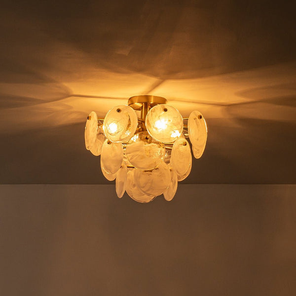 Chandelierias - Modern 4 - Light White Strie Glass Tiered Semi - Flush Mount - Semi Flush - Brass -