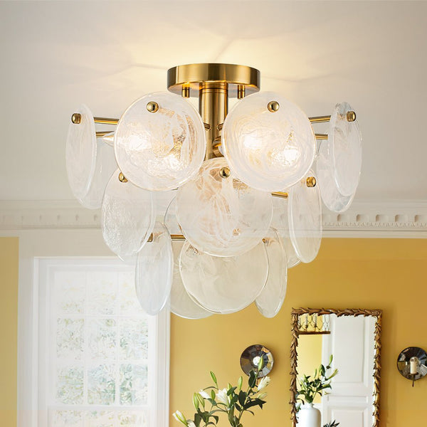Chandelierias - Modern 4 - Light White Strie Glass Tiered Semi - Flush Mount - Semi Flush - Brass -