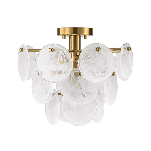 Chandelierias - Modern 4 - Light White Strie Glass Tiered Semi - Flush Mount - Semi Flush - Brass -