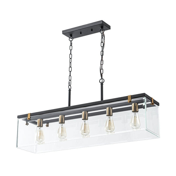 Chandelierias - Modern 5 - Light Clear Glass Rectangle Island Chandelier - Chandelier - Black & Brass -