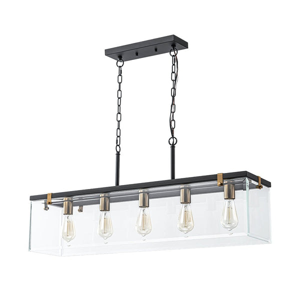 Chandelierias - Modern 5 - Light Clear Glass Rectangle Island Chandelier - Chandelier - Black & Brass -