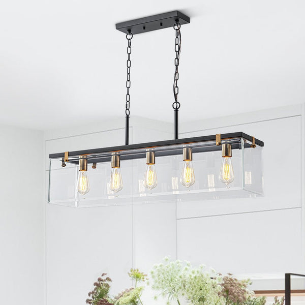 Chandelierias - Modern 5 - Light Clear Glass Rectangle Island Chandelier - Chandelier - Black & Brass -