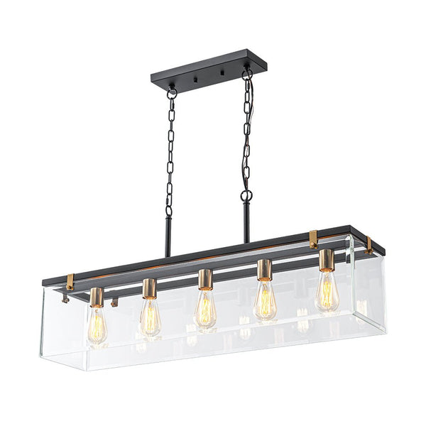 Chandelierias - Modern 5 - Light Clear Glass Rectangle Island Chandelier - Chandelier - Black & Brass -