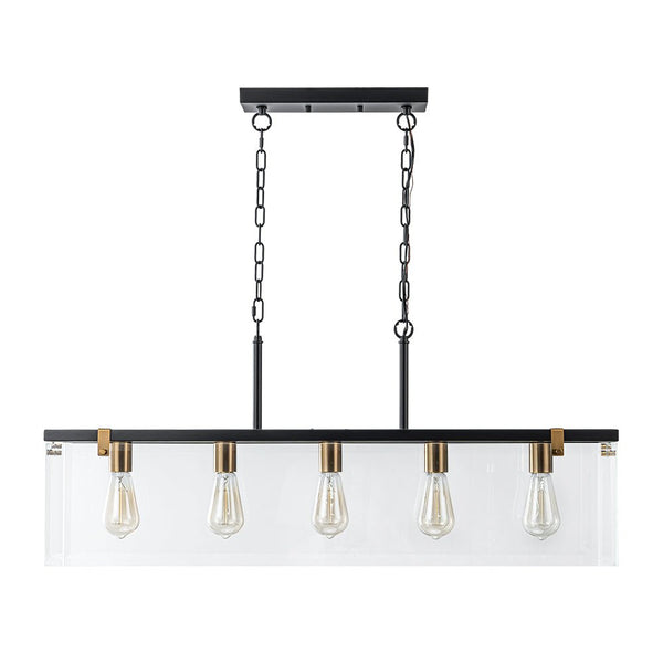 Chandelierias - Modern 5 - Light Clear Glass Rectangle Island Chandelier - Chandelier - Black & Brass -