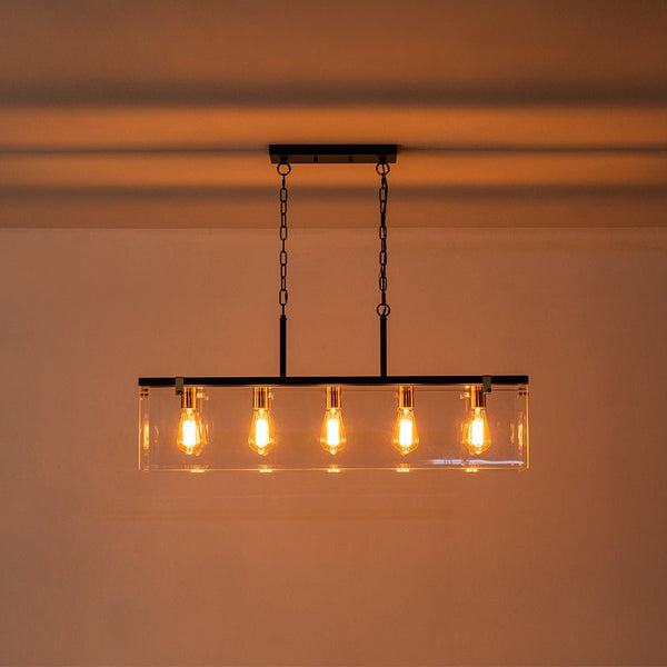 Chandelierias - Modern 5 - Light Clear Glass Rectangle Island Chandelier - Chandelier - Black & Brass -