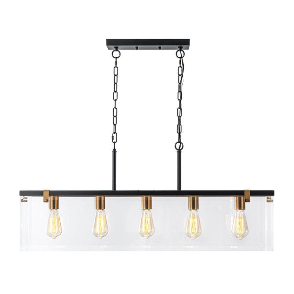 Chandelierias - Modern 5 - Light Clear Glass Rectangle Island Chandelier - Chandelier - Black & Brass -