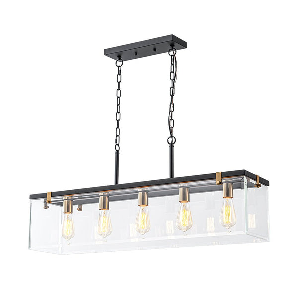 Chandelierias - Modern 5 - Light Clear Glass Rectangle Island Chandelier - Chandelier - Black & Brass -