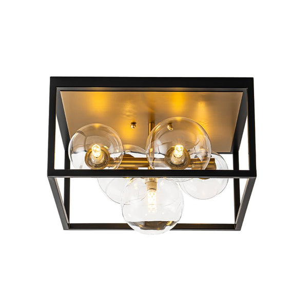Chandelierias - Modern 5 - Light Clear Glass Square Frame Flush Mount - Chandeliers - Black & Gold -